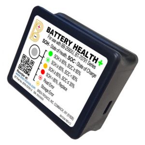 Battery Health+ Indicator (BTR-70791-2) - view of label and LED window,Battery Health+ Indicator (BTR-70791-2) - view of connector,Battery Health+ Indicator (BTR-70791-2) in use with BB-2590/U battery (not included),Battery Health+ Indicator (BTR-70791-2)